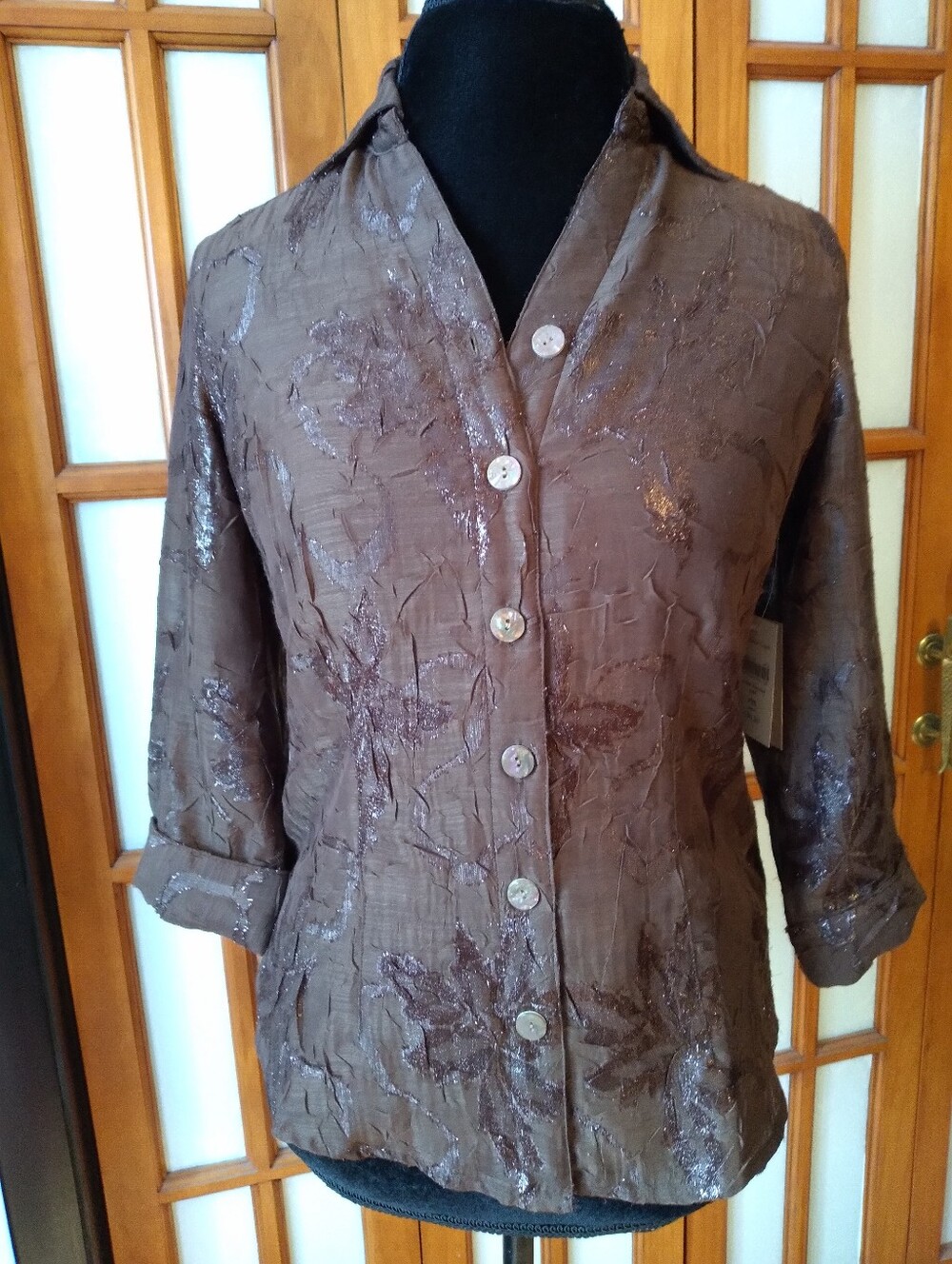 New Women’s Coldwater Creek, Brown Shimmer Button Up Top Shirt, Sz PXS (4) NWT